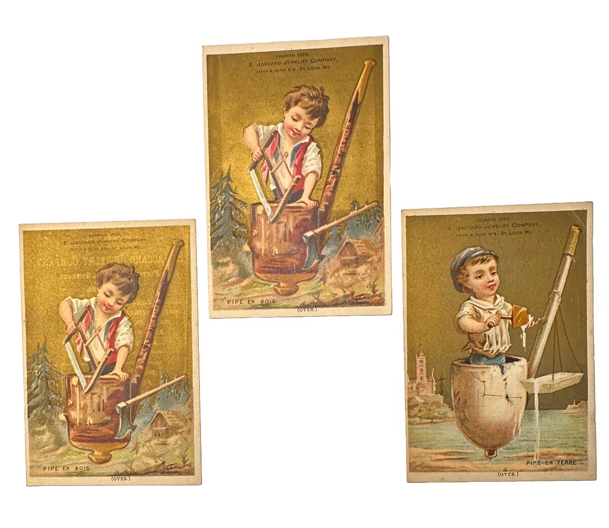 3 Victorian Jewelers Trade Cards Mermod Jaccard Watches Bric-a-Brac St Louis B78