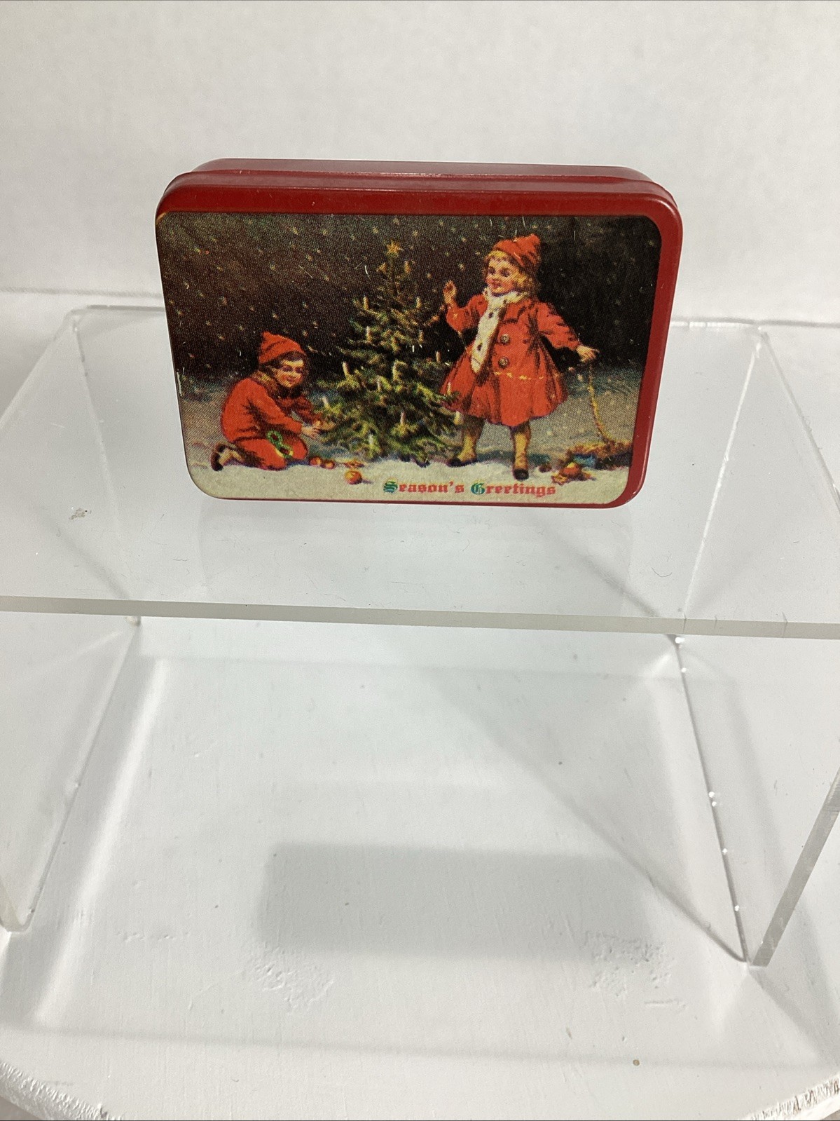 VTG Tiny Pocket Size Tin Season Greetings Red Pill Box / Dollhouse Tin Box 2”x1”