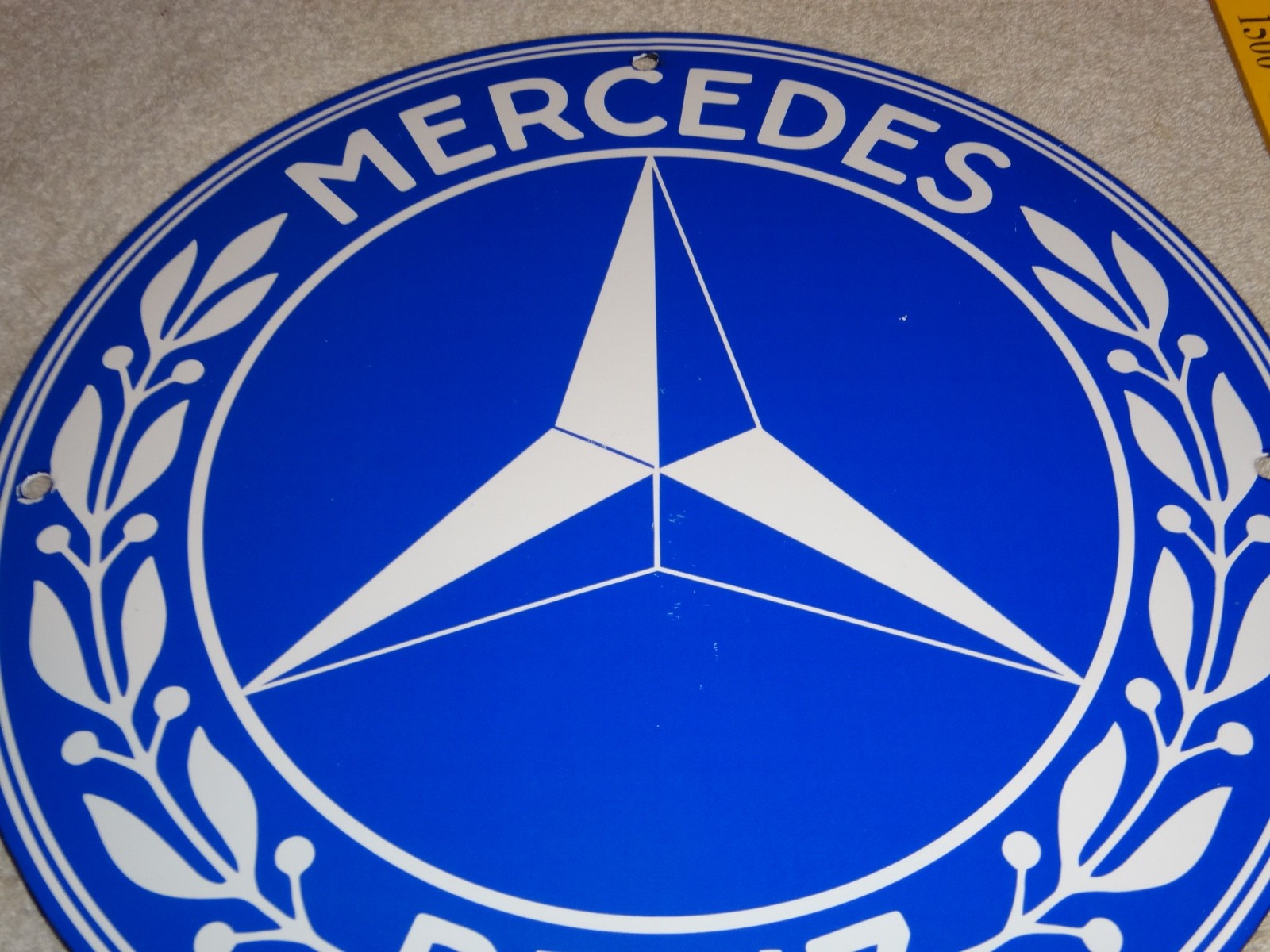 VINTAGE MERCEDES BENZ LUXURY CAR 11 3/4″ PORCELAIN METAL SUV, GASOLINE OIL SIGN!