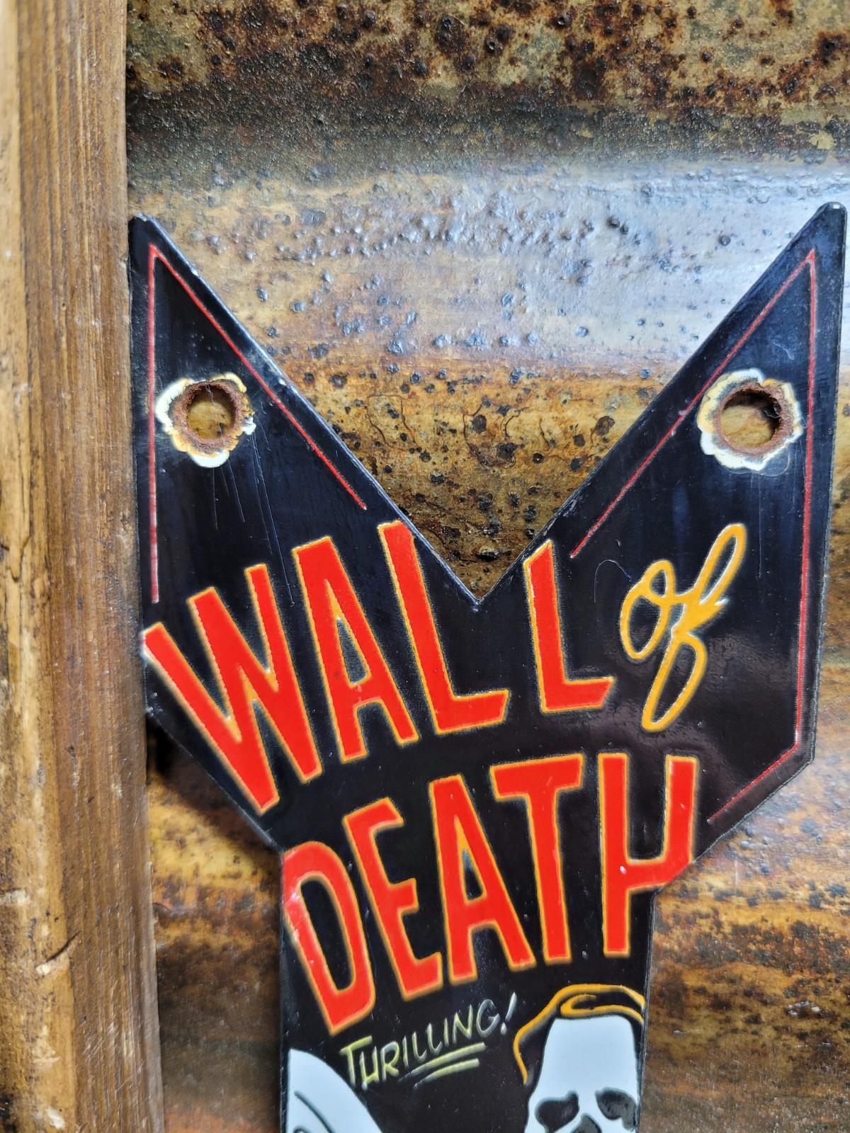 VINTAGE WALL OF DEATH PORCELAIN SIGN RARE OLD HELL ON WHEELS MOTORCYCLE SHOW