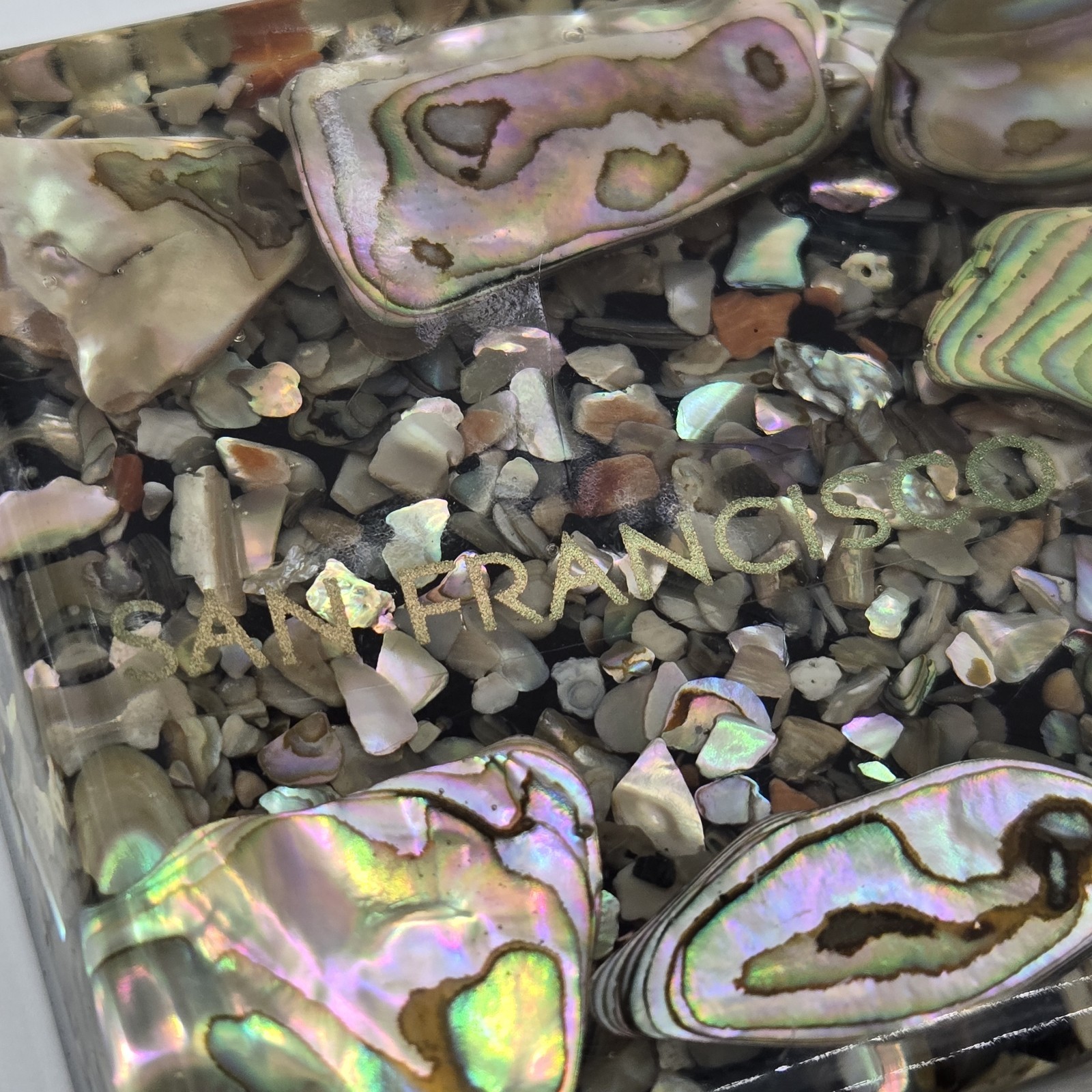 Vtg Abalone Seashell Paperweight Lucite Block Thermometer SAN FRANCISCO 4×3