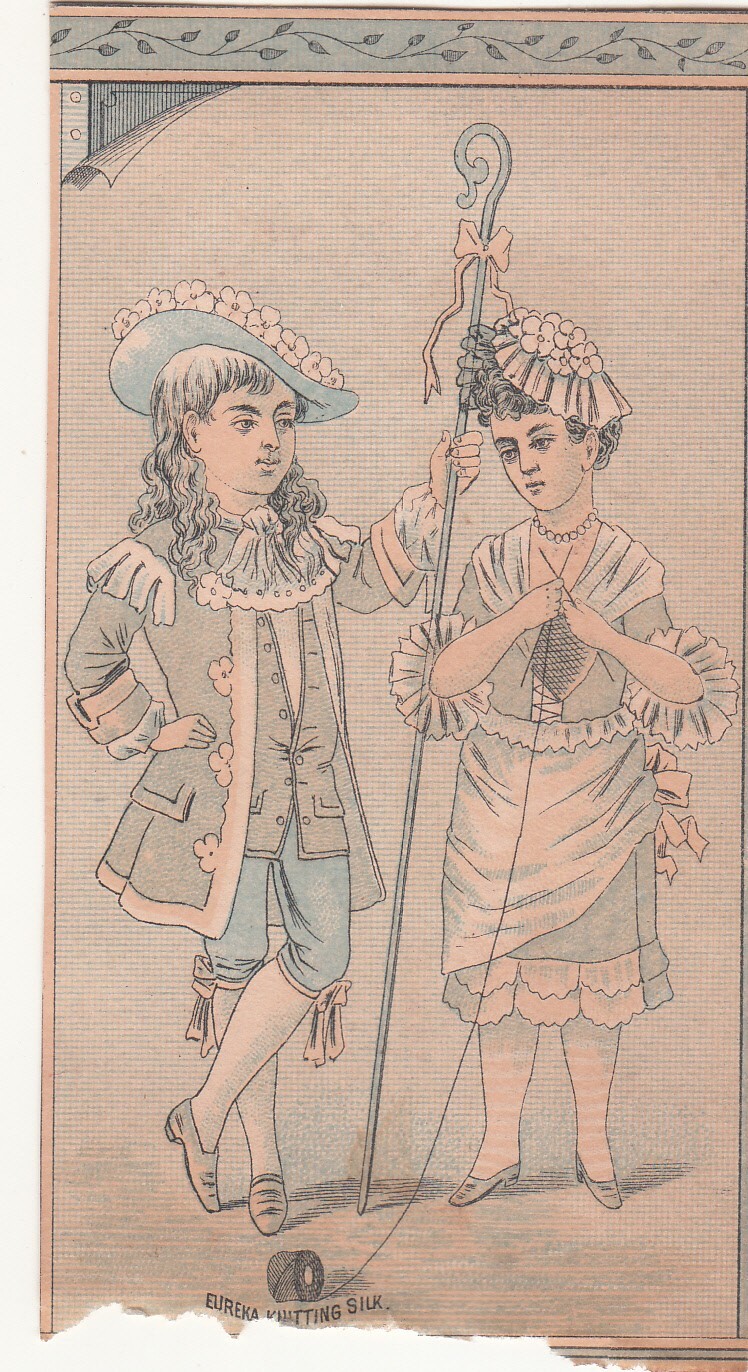 Eureka Knitting Silk Renaissance Boy w Staff Girl Knitting Vict Card c1880s