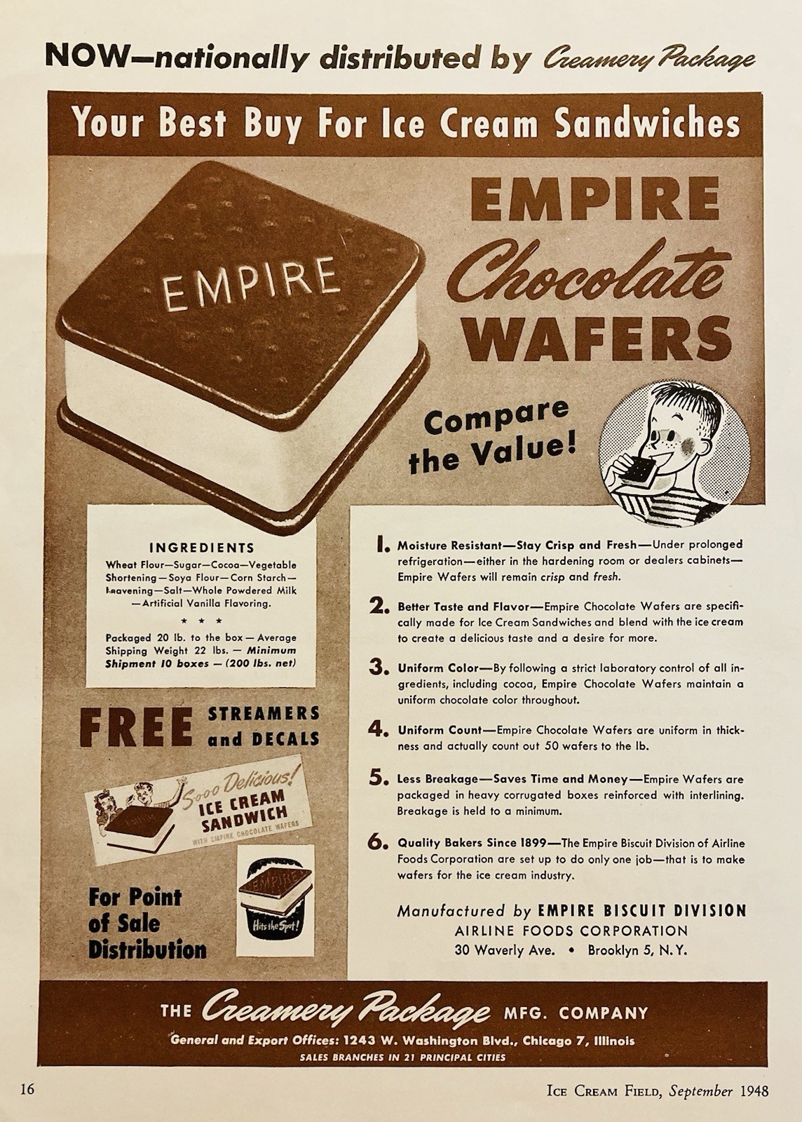 1948 AD.(PC4)~EMPIRE BISCUIT DIV., AIRLINE FOODS CO. BROOKLYN. CHOCOLATE WAFERS