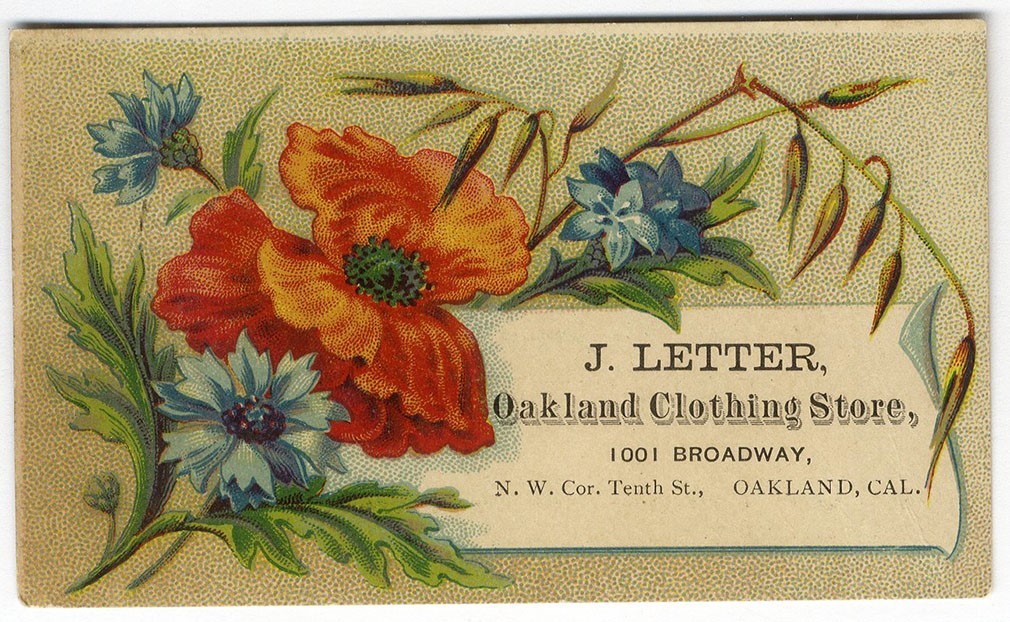 Oakland CA CLOTHING STORE J. Letter Broadway VICTORIAN Trade Card 1880’s