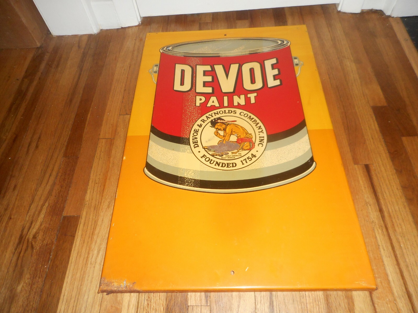 Vintage DEVOE PAINT Metal NATIVE AMERICAN INDIAN CHIEF METAL ADVERTISING SIGN