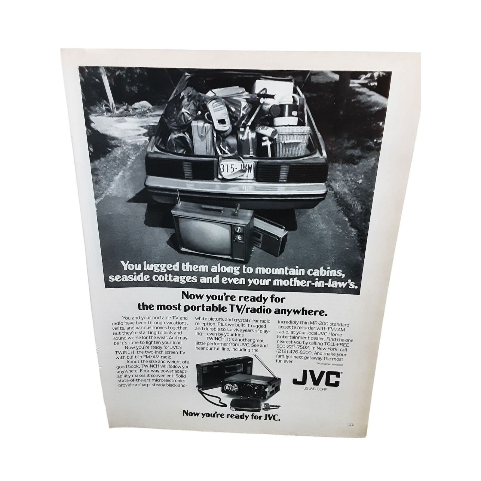 JVC Portable TV Radio ad with Mustang Fox Body Hatch 1979 Magazine Print Ad