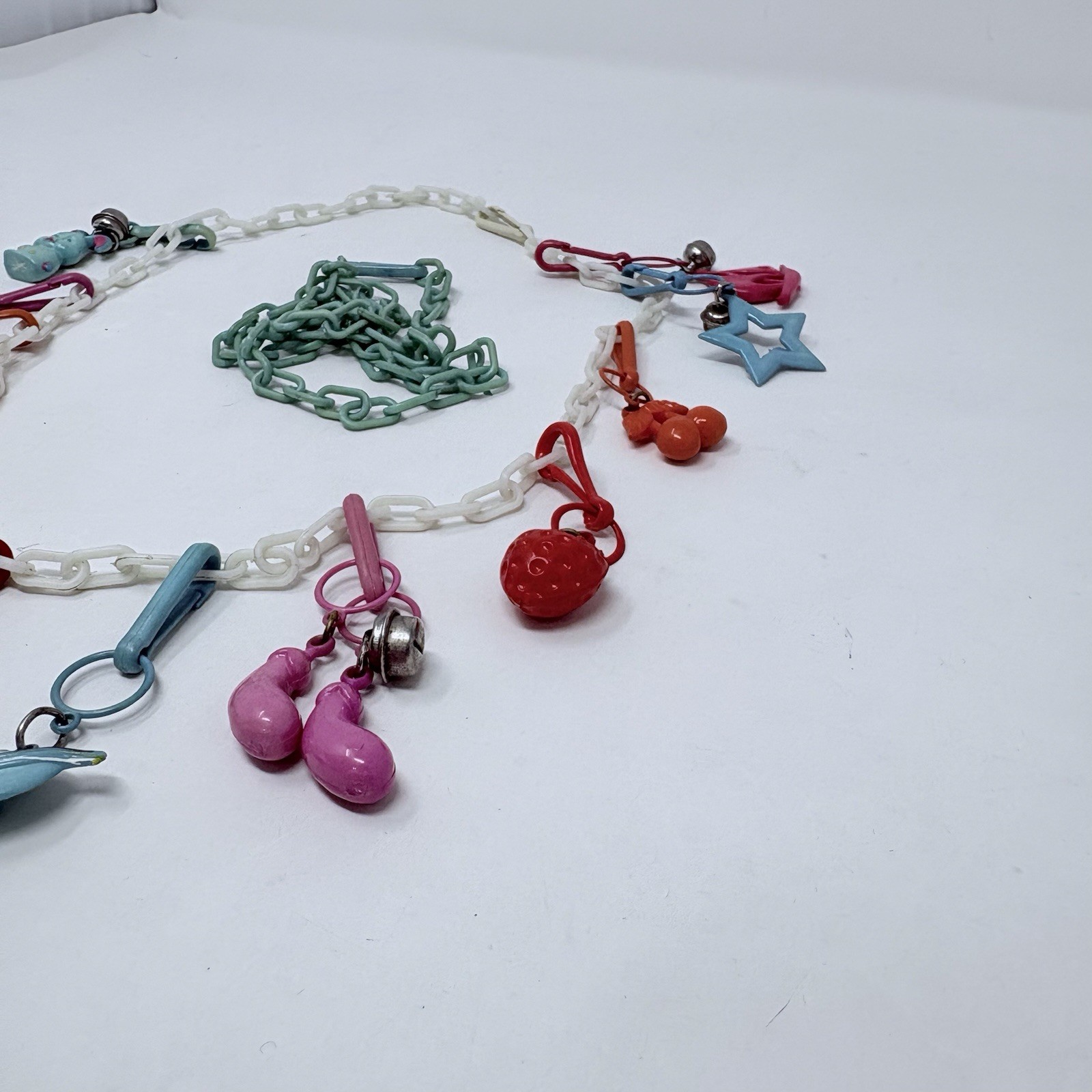 Vintage 1980s White Green Necklaces & 12 Plastic Clip On Charms Bell Charms