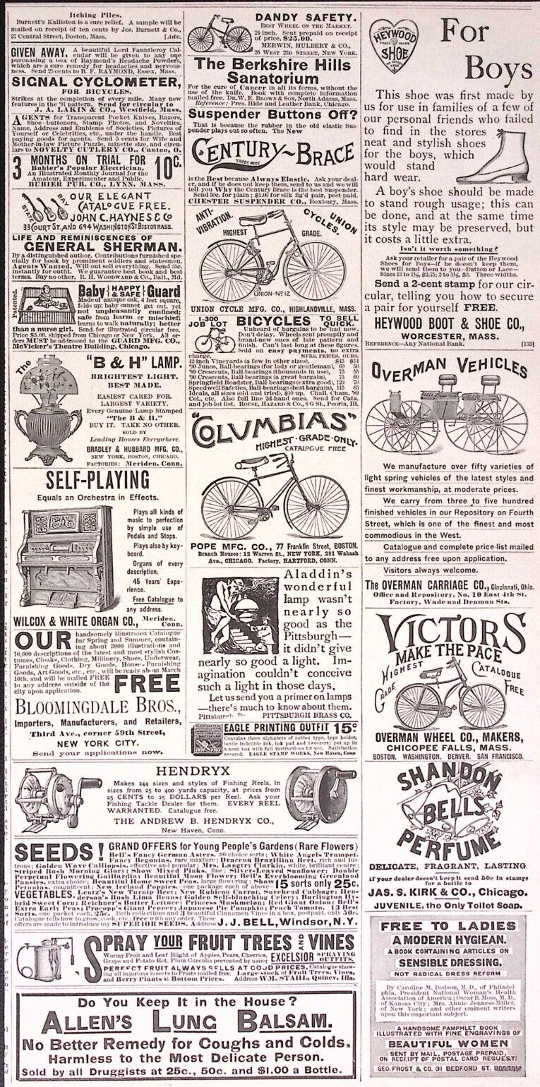 1891 Youth’s Companion 3 Column Advertising Bicycles Player Pianos 7.5 x 15″
