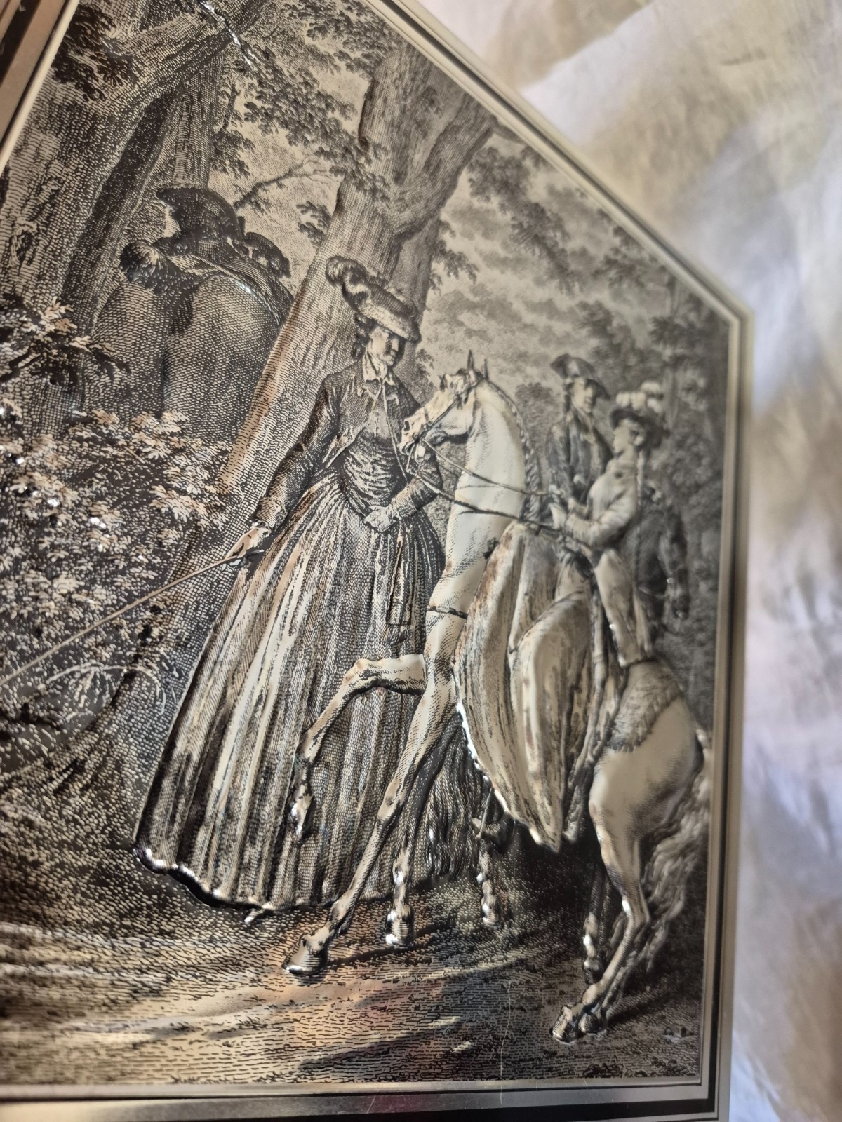 VINTAGE TIN 8.5×9.5” Silver Embossed 18th Century Horse Riding Scene box UNIQ 34