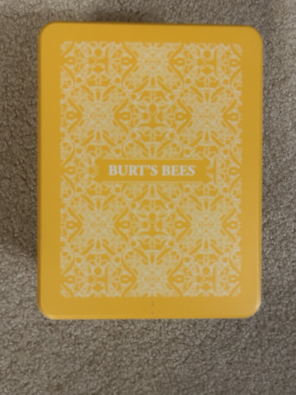Burt’s Bees yellow storage treasure tin box with removable lid 8” X 6” X 3”