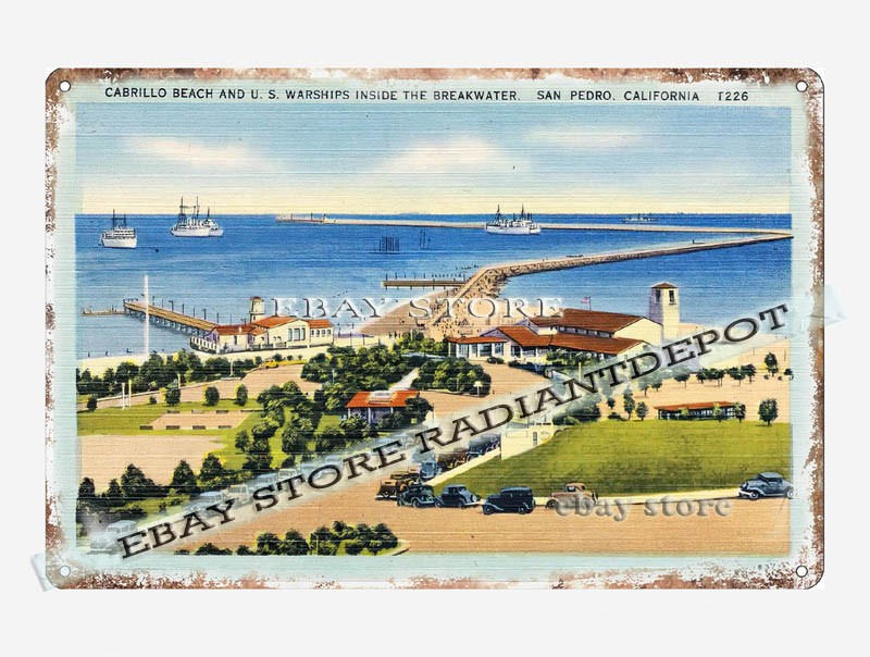 tin sign 1930s-40s Cabrillo Beach U. S. Warships Inside Br San Pedro California