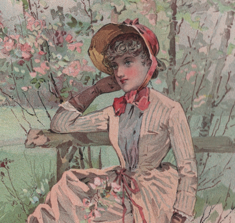 LG. CLARK’S O.N.T. SPOOL COTTON THREAD TRADE CARD, PROPER VICTORIAN LADY T202