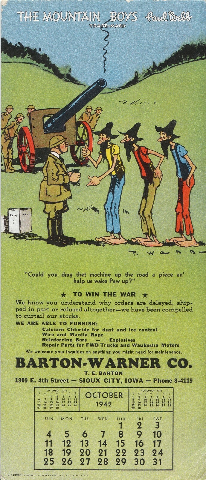 WWII 1942 humor hillbilly calandar advertisment (A-1)