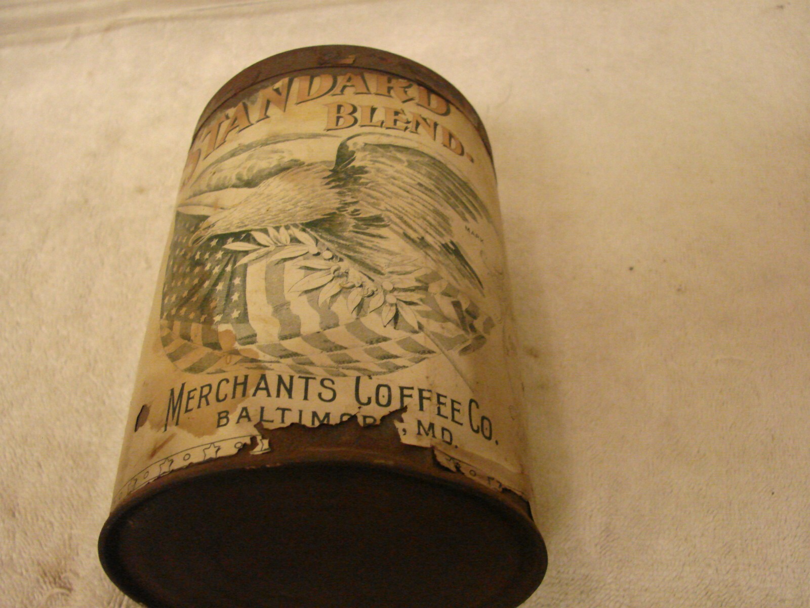 ANTIQUE STANDARD BLEND COFFEE CAN MERCHANTS COFFEE CO. BALTIMORE MD . BALD EAGLE