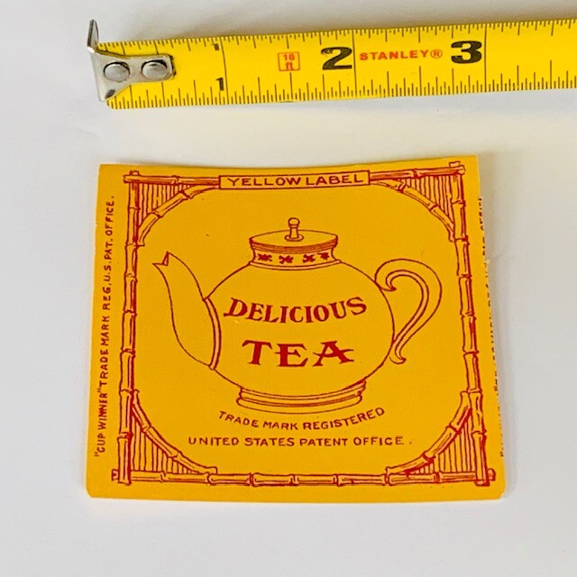 Advertising Label paper ephemera vtg Delicious tea yellow teapot 1940s ww2 wwii