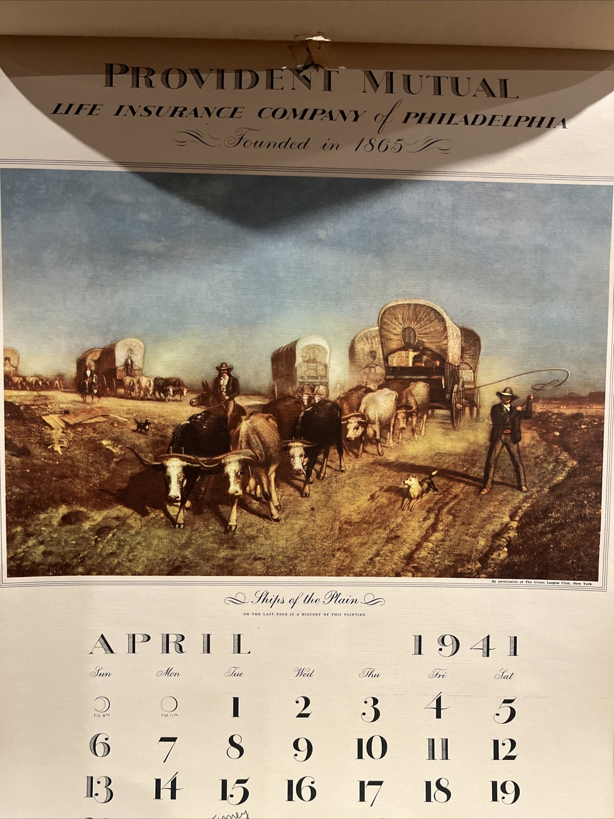 Vintage 1941 Calendar Provident Mutual Insurance Philadelphia PA