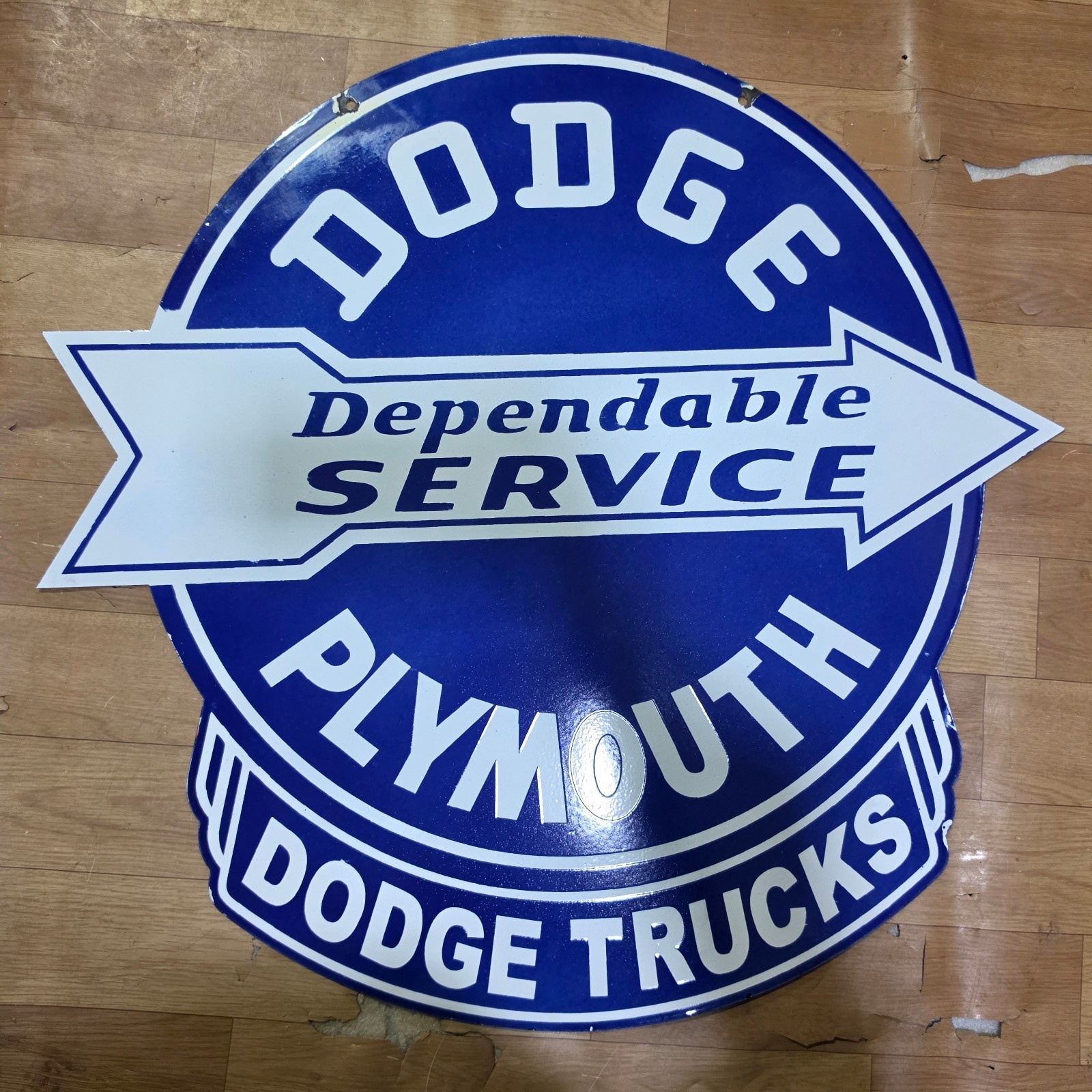 DODGE PLYMOUTH 2-SIDED PORCELAIN ENAMEL SIGN 29 X 28 INCHES