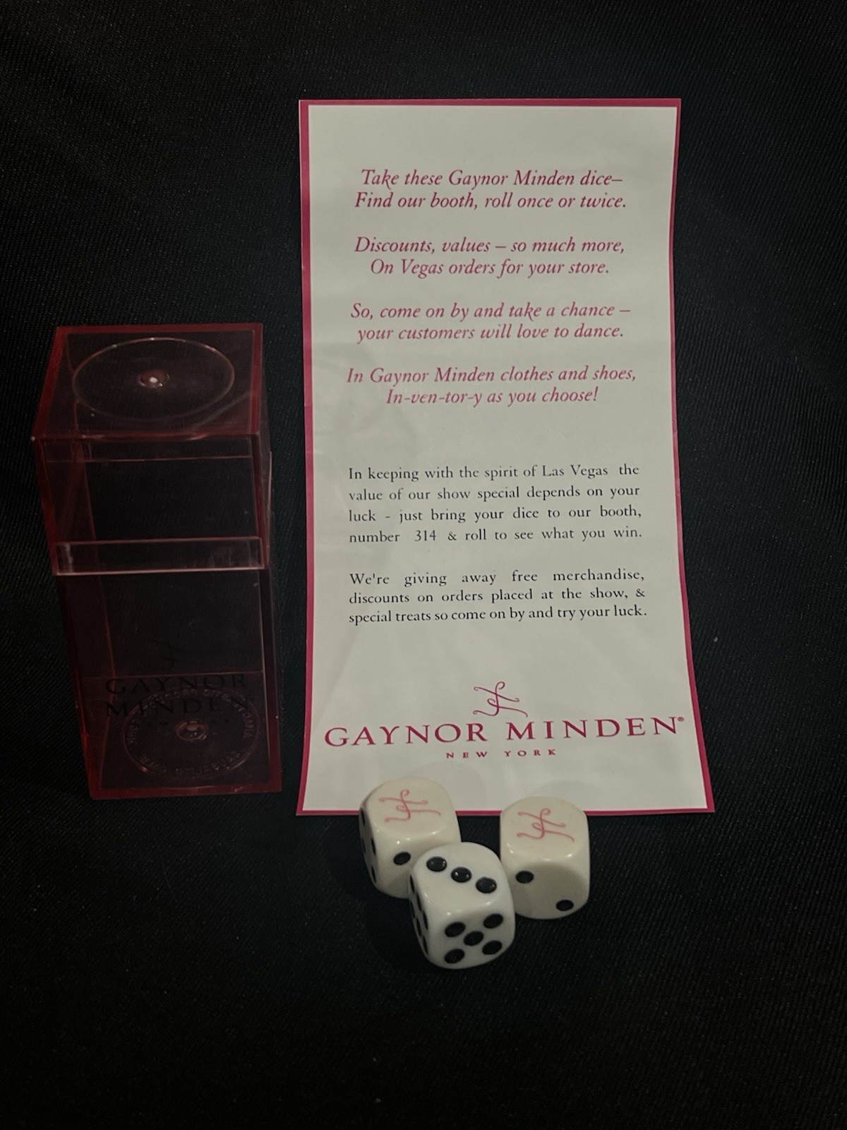 Gaynor Minden NY Promotional Dice Set Trade Show Vegas Booth Ephemera