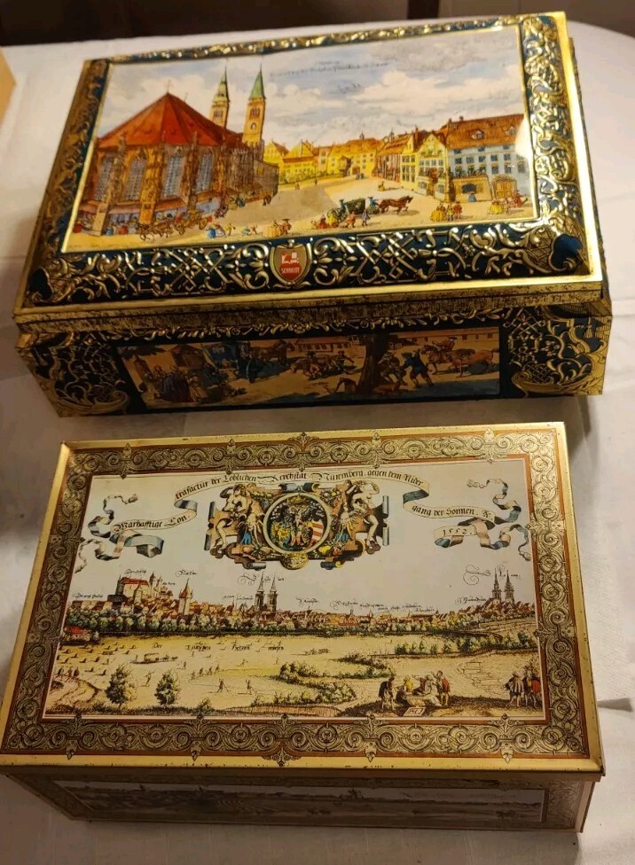 2 Pc.LG Set Lebkuchen E Otto Schmidt Multicolor Metal Hinged Lid Tin VG Cond 977