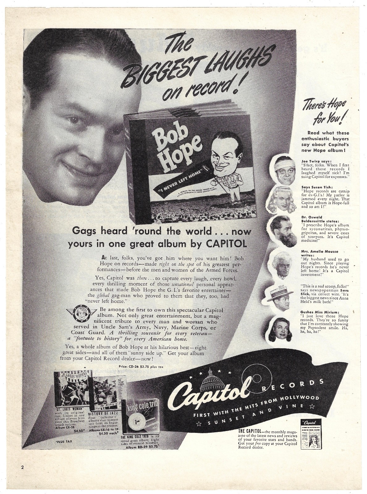 Capitol Records Bob Hope Vintage Music Ad 1940s Pop Culture Wall Art 1946