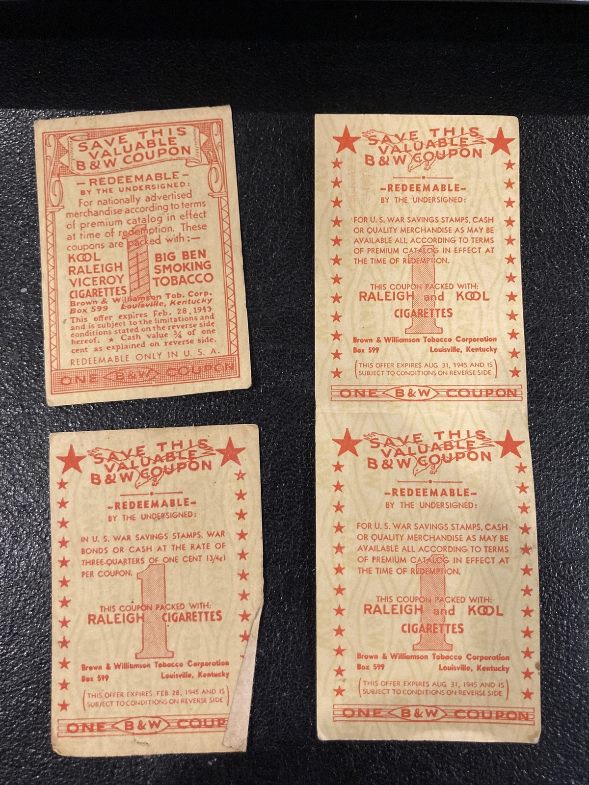 LOT of Vintage Raleigh B&W Tobacco Cigarette Coupons – Multiple Series 40s-60s