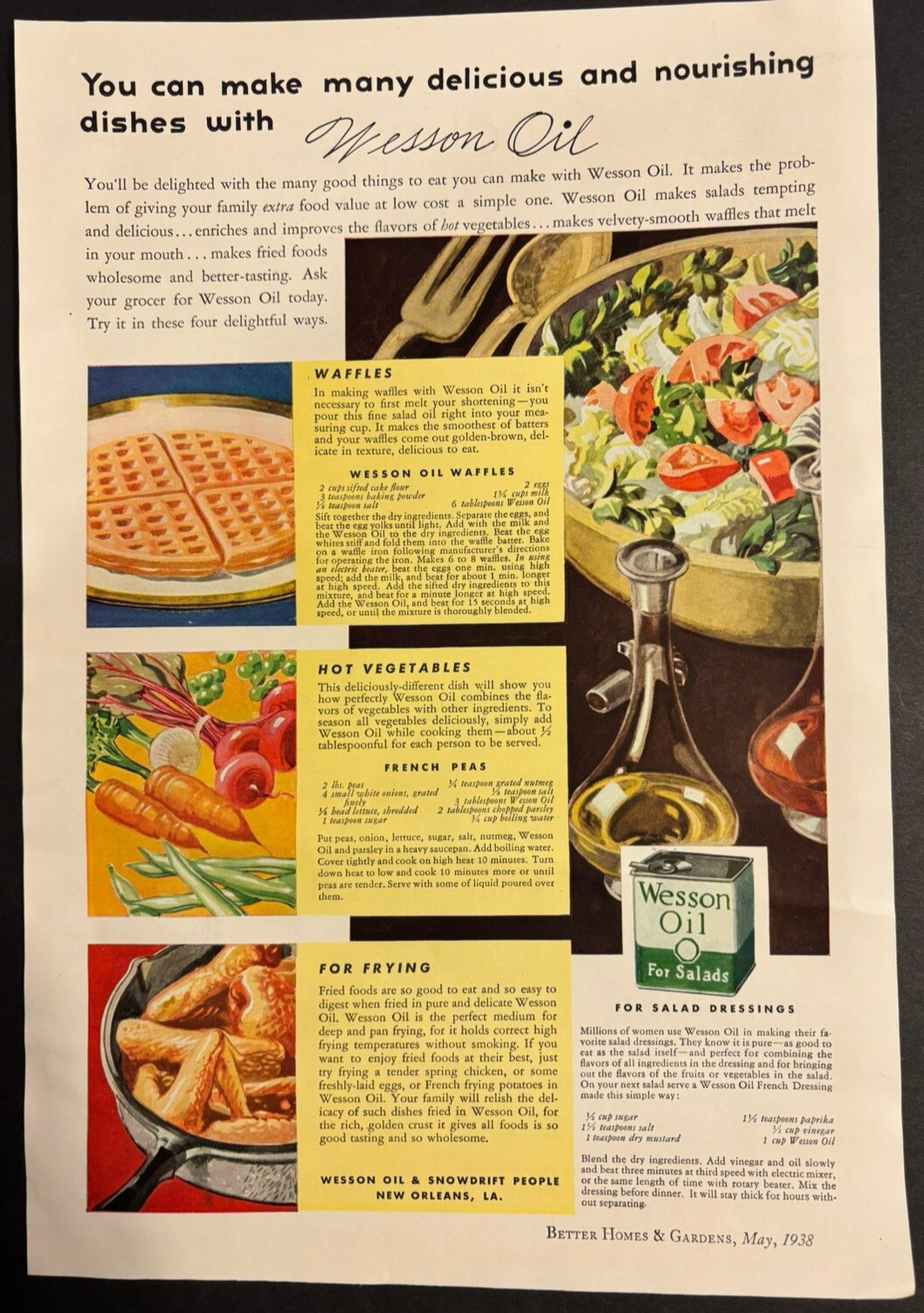 Vtg 1930s AD Wesson Oil for Salads & Dressing with Recipes for Waffles and Peas