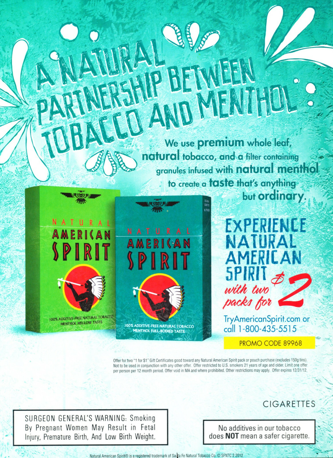 NATURAL AMERICAN SPIRIT 2 SIDED CIGARETTE AD #5 RARE 2012