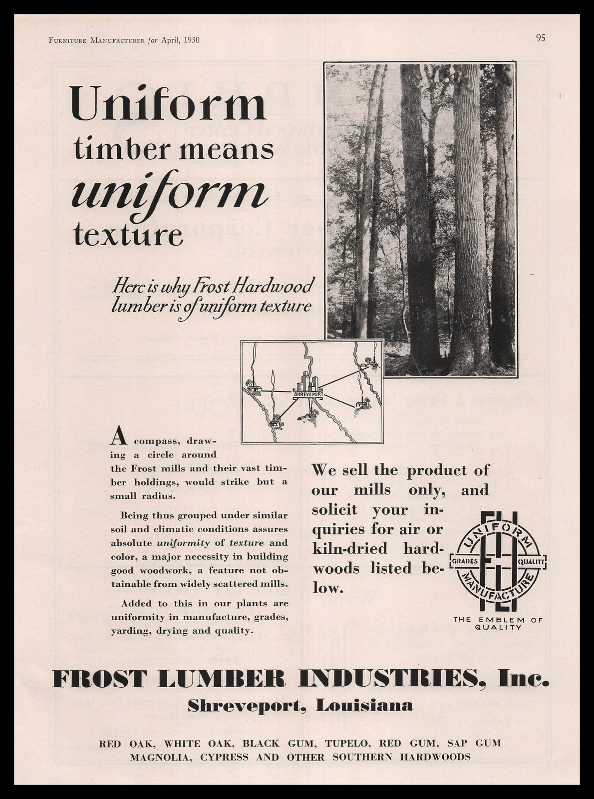 1930 Frost Lumber Industries Shreveport Louisiana Hardwood Trees Photo Print Ad