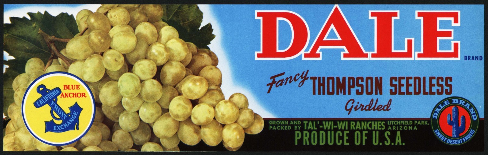 Vintage label DALE THOMPSON grapes Tal’-Wi-Wi Ranches Litchfield Park Arizona