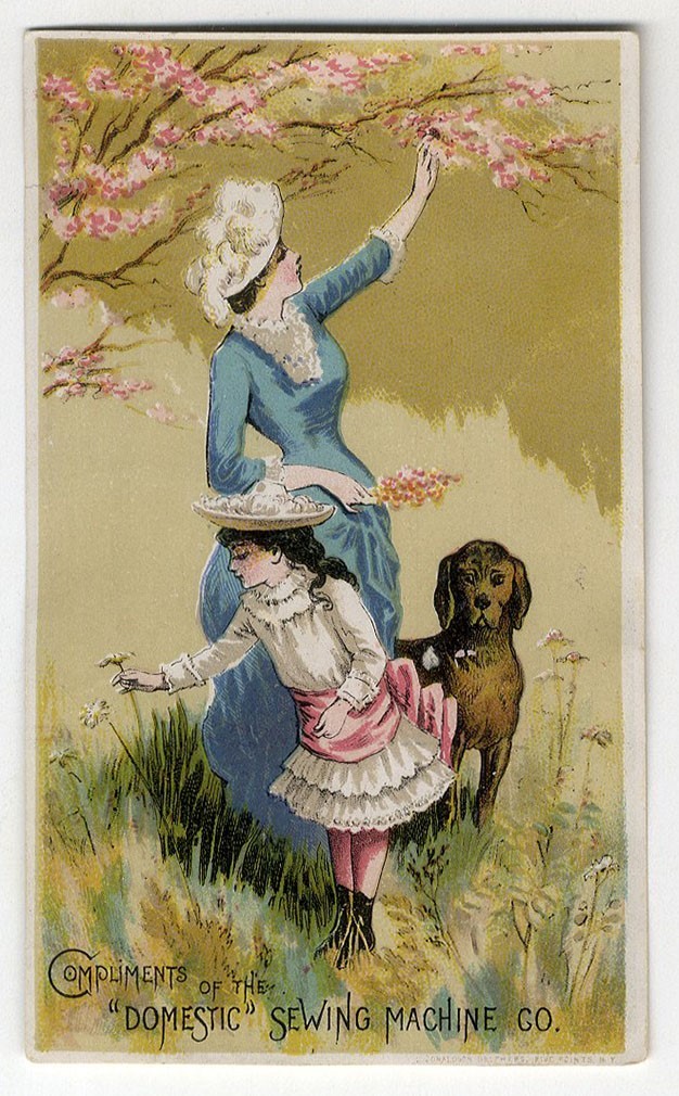 DOMESTIC SEWING MACHINE Victorian Trade Card 1880’s MOTHER Daughter Dog