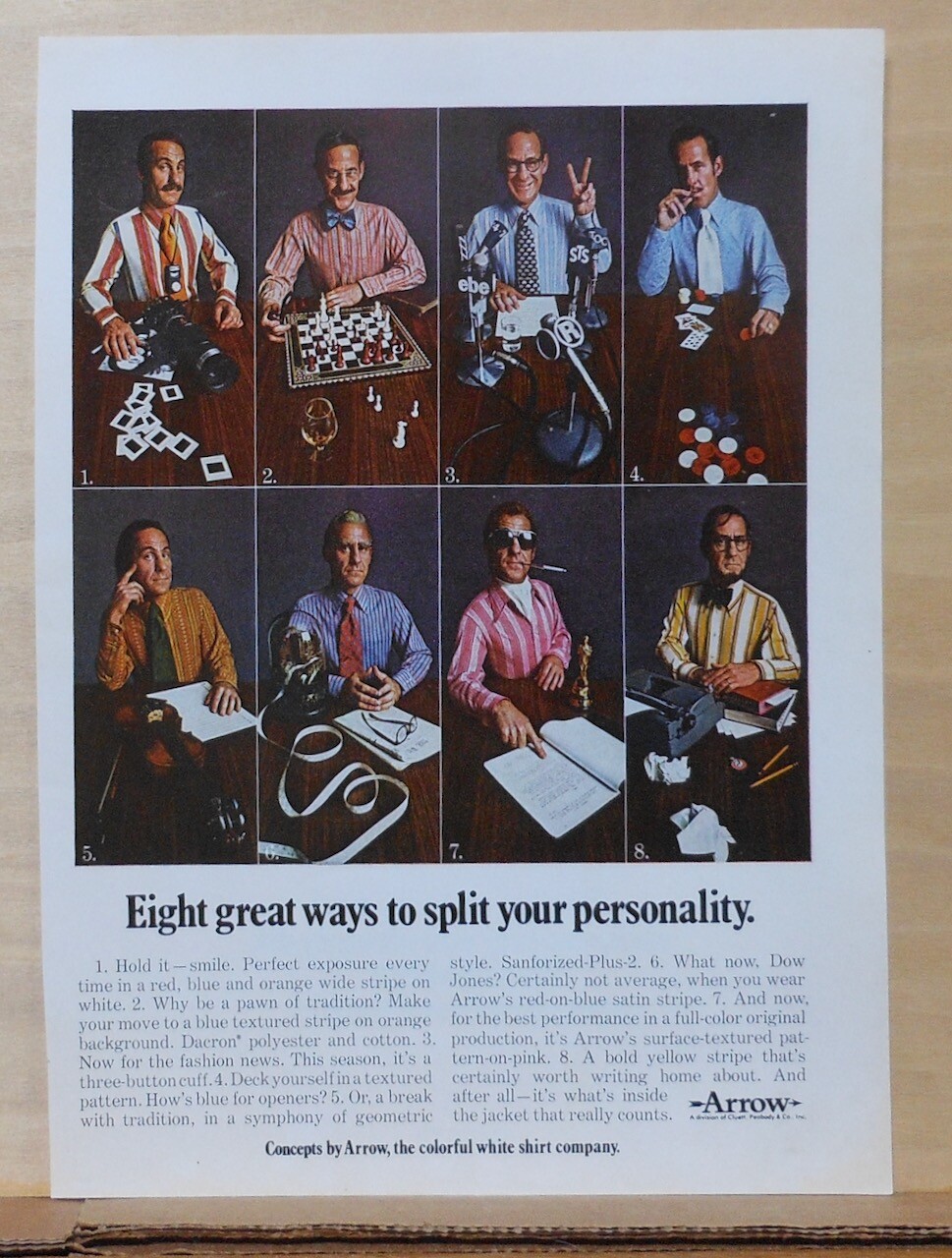 1971 magazine ad for Arrow Shirts – Eight great ways to split your personality