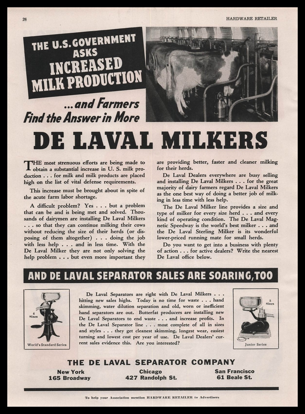 1941 De Laval Separator Company Sterling Milkers Dairy Photo Vintage Print Ad