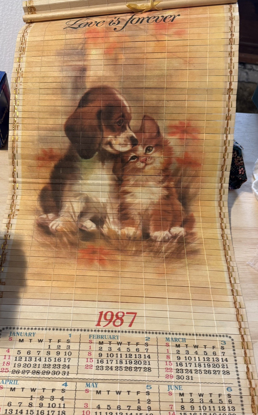 Vintage Wooden 1987-1988 2-Sided Wall Scroll Calendar