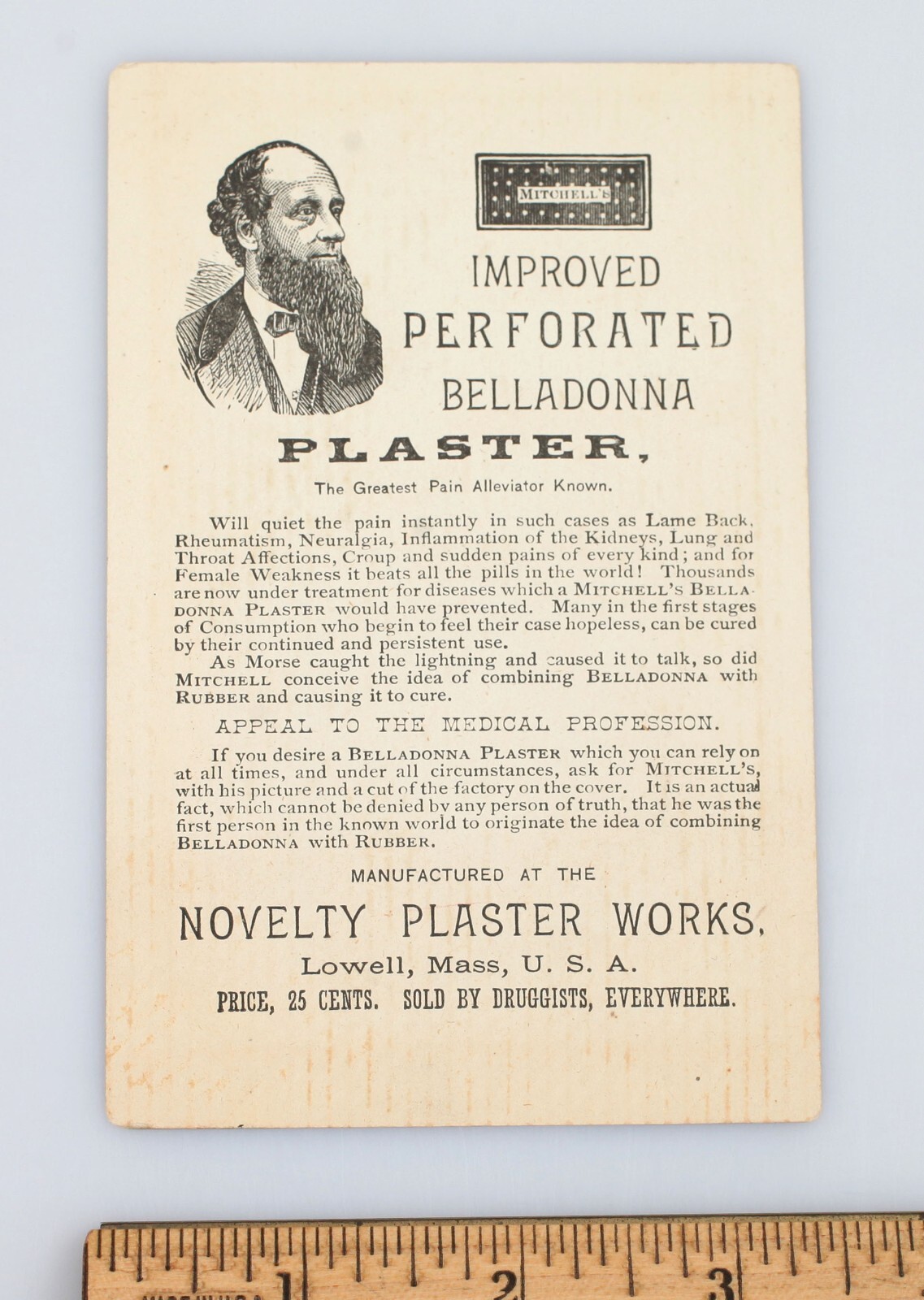 Vintage Victorian Trade Card Perforated Belladonna Plaster Medicine Lowell MA