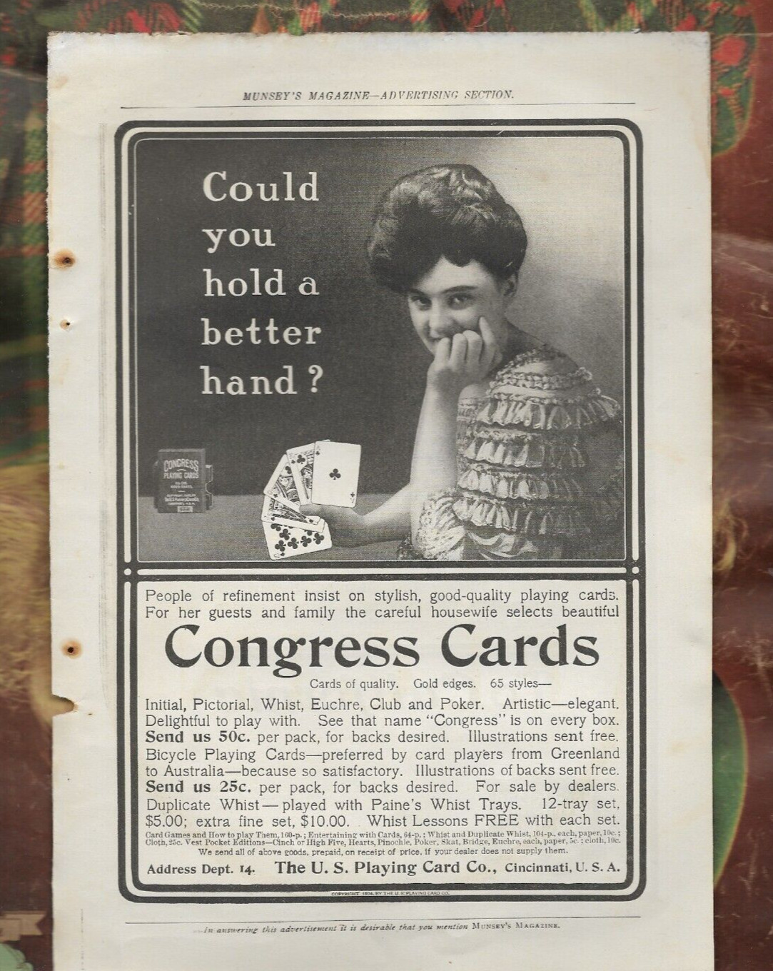 Congress Playing Cards U.S. Playing Card Co. Whist Euchre Poker 1904 print ad