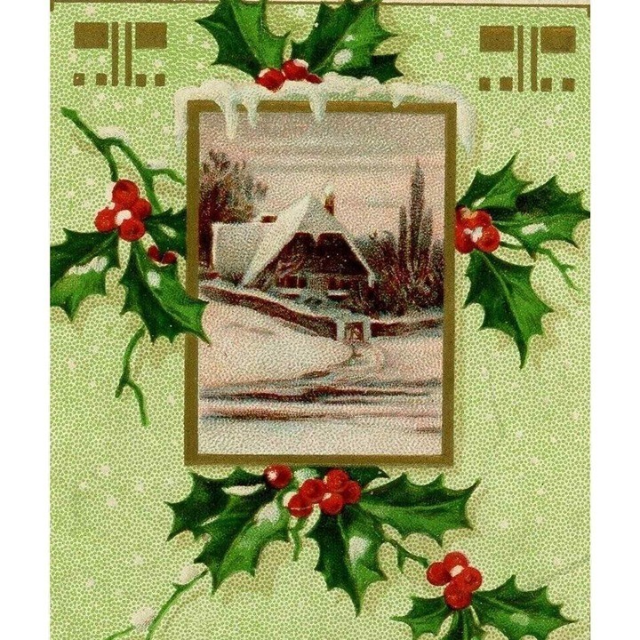 1880’s Victorian Trade Card Christmas Season Snow Covered House Holly Stream!