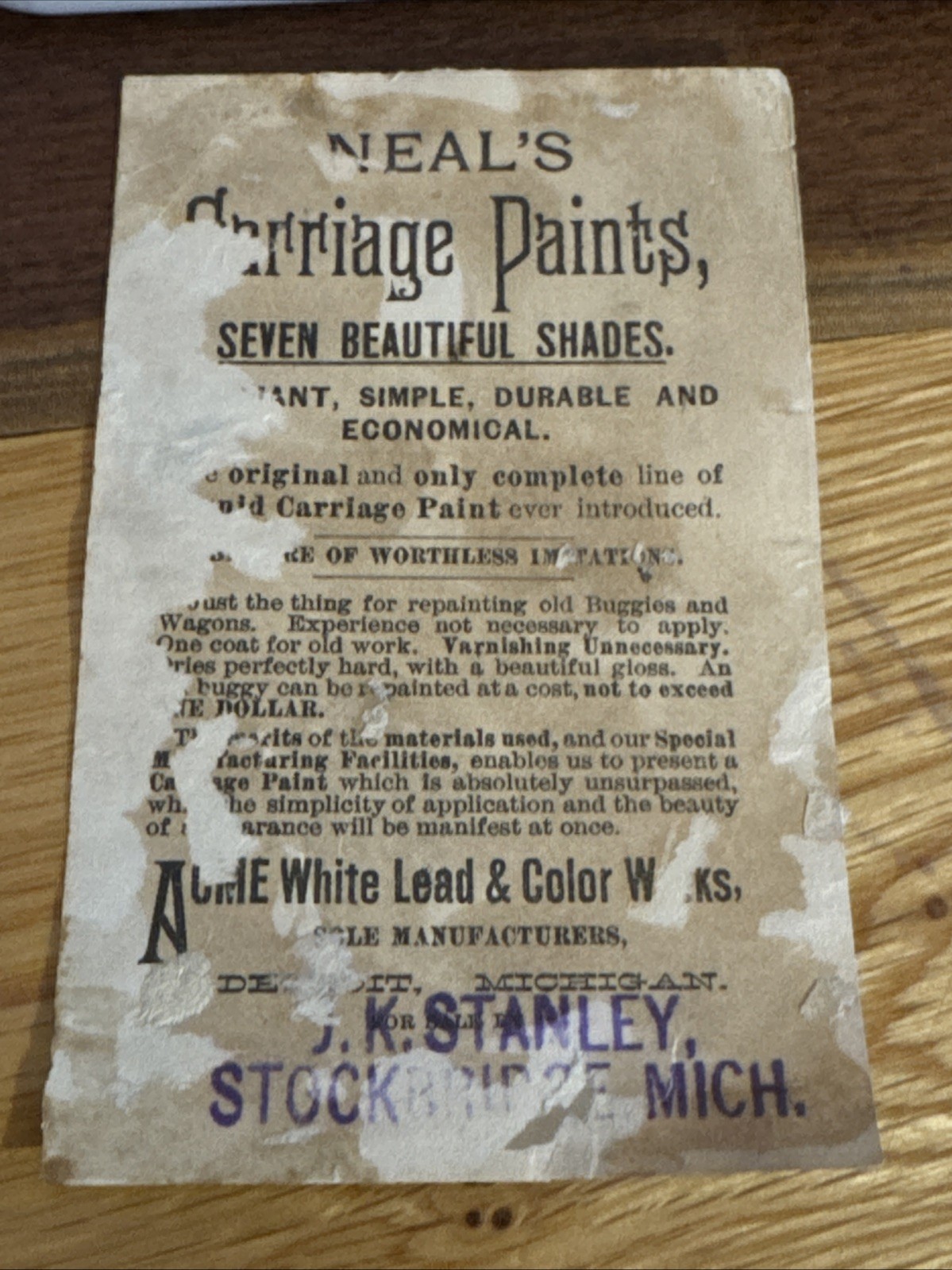 J. K. Stanley Trade Card-Carriage Paints-Stockbridge, MI. V134