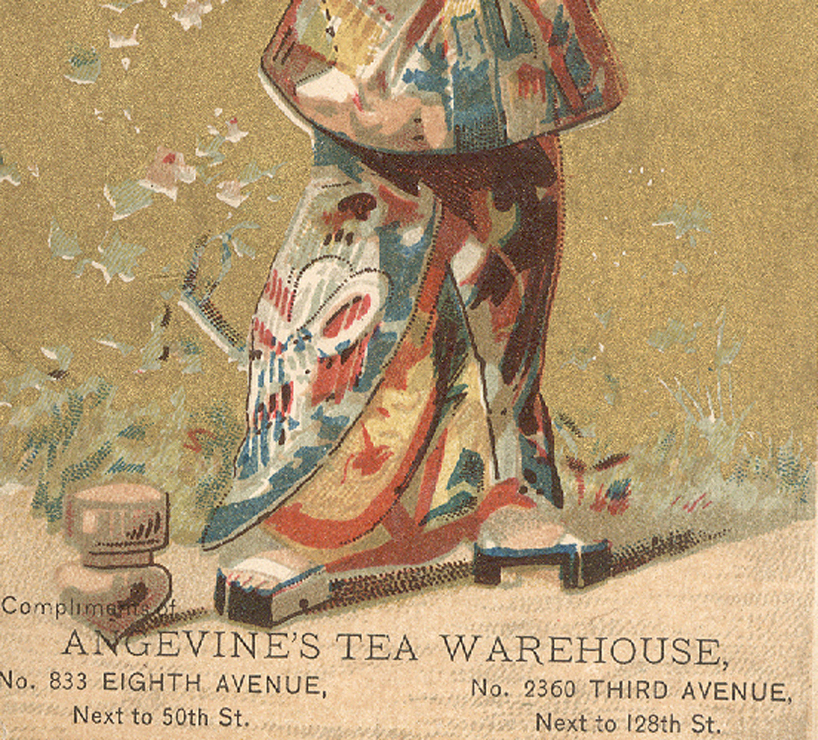 NY TRADE CARD, ANGEVINES TEA WAREHOUSE, ORIENTAL BOY SPINNING A WOODEN TOP K443
