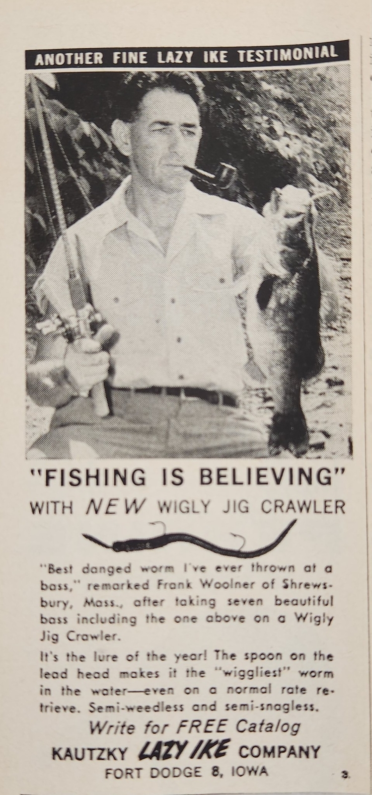 1961 Print Ad Lazy Ike Wigly Jig Crawler Fishing Lures Kautzky Fort Dodge,Iowa