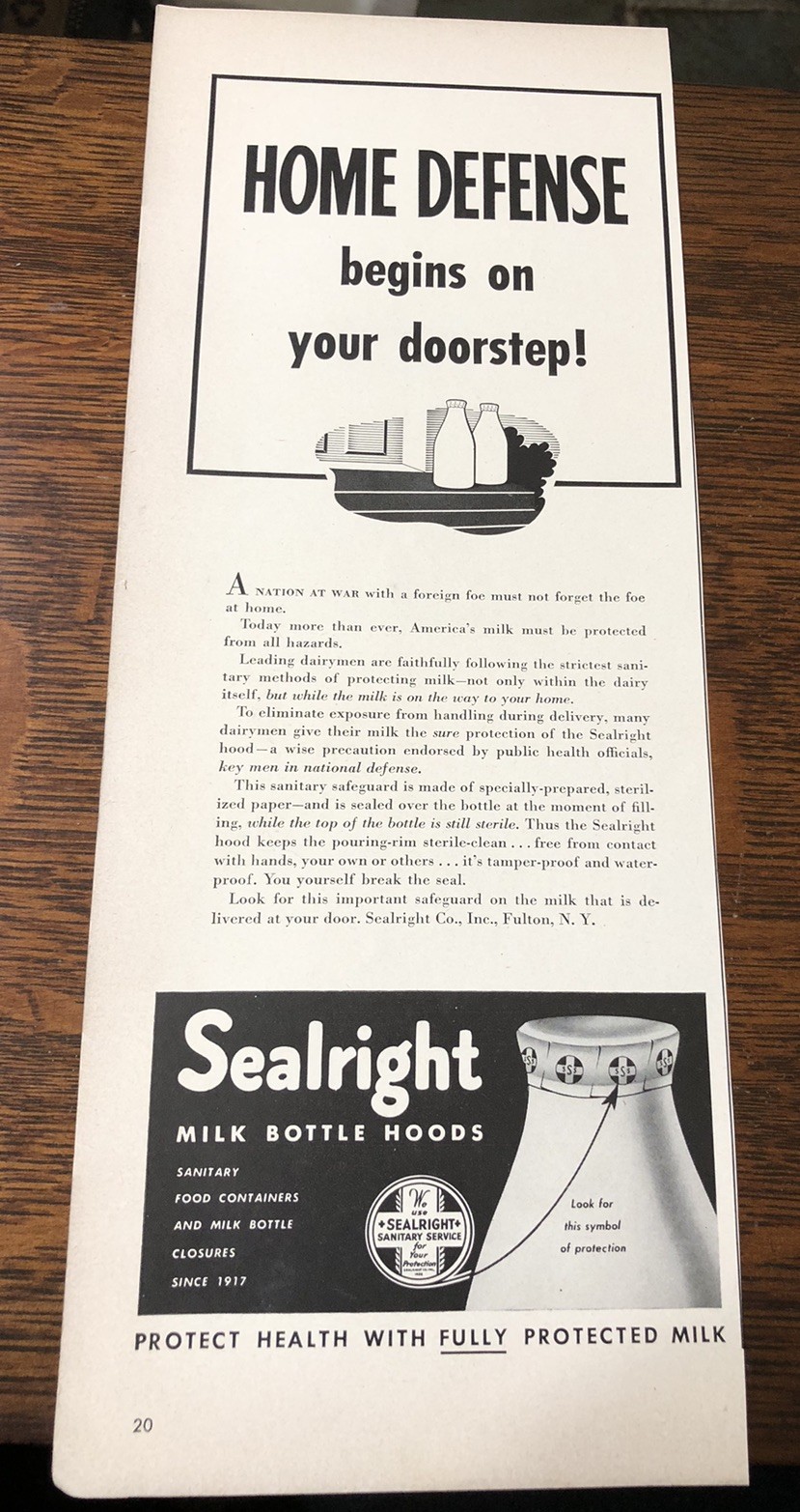 1942 Sealright Milk Bottle Hoods / Van Raalte Slips, Wine – Vtg Ads 2-sided