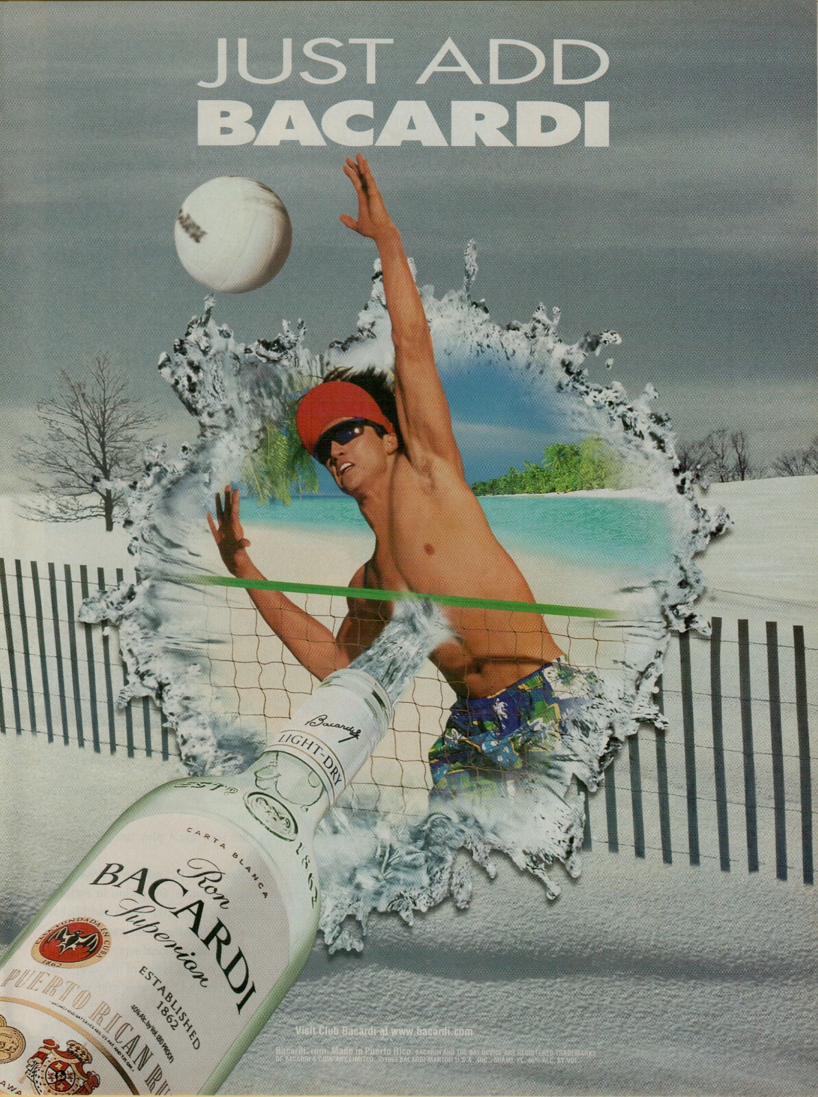 1997 Bacardi Puerto Rican Rum Sandy Beach Volleyball Red Cap VINTAGE PRINT AD