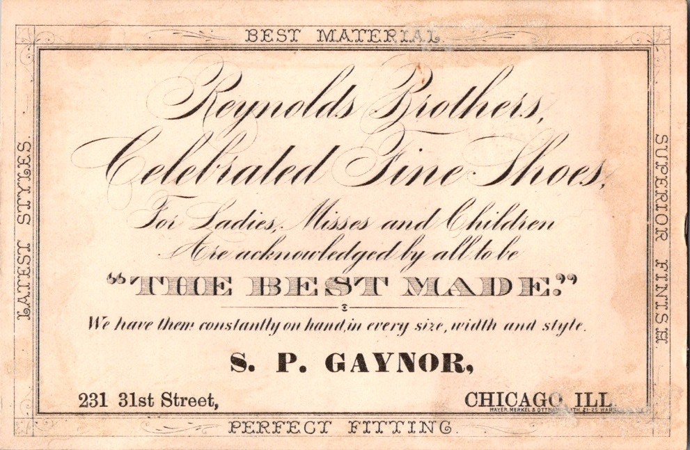 Victorian Trade Card Advertising Ephemera – Reynold’s Brothers Shoes – Chicago
