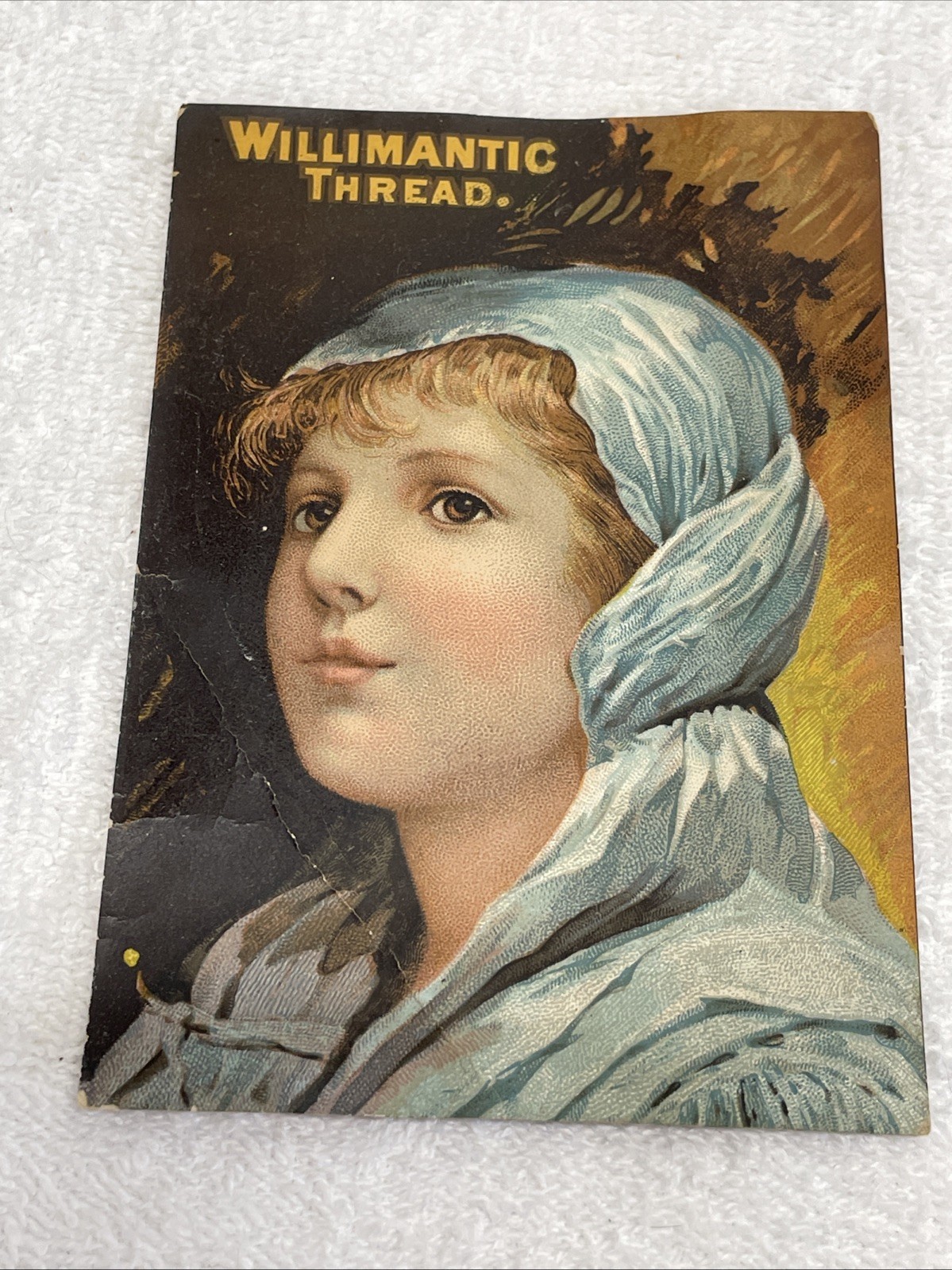 Antique 1891 Victorian Trade Card Willimantic Thread Six Cord Spool Cotton Girl