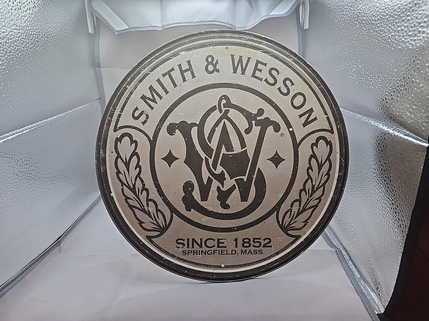 SMITH and WESSON SINCE 1852 VINTAGE LOGO ROUND ALUMINUM SIGN 11.75 DIA