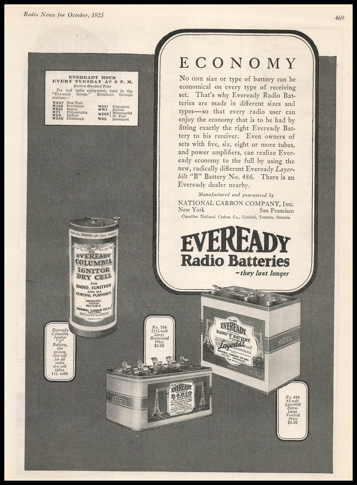 1925 Eveready Radio Batteries National Carbon Ignitor Dry Cell Battery Print Ad