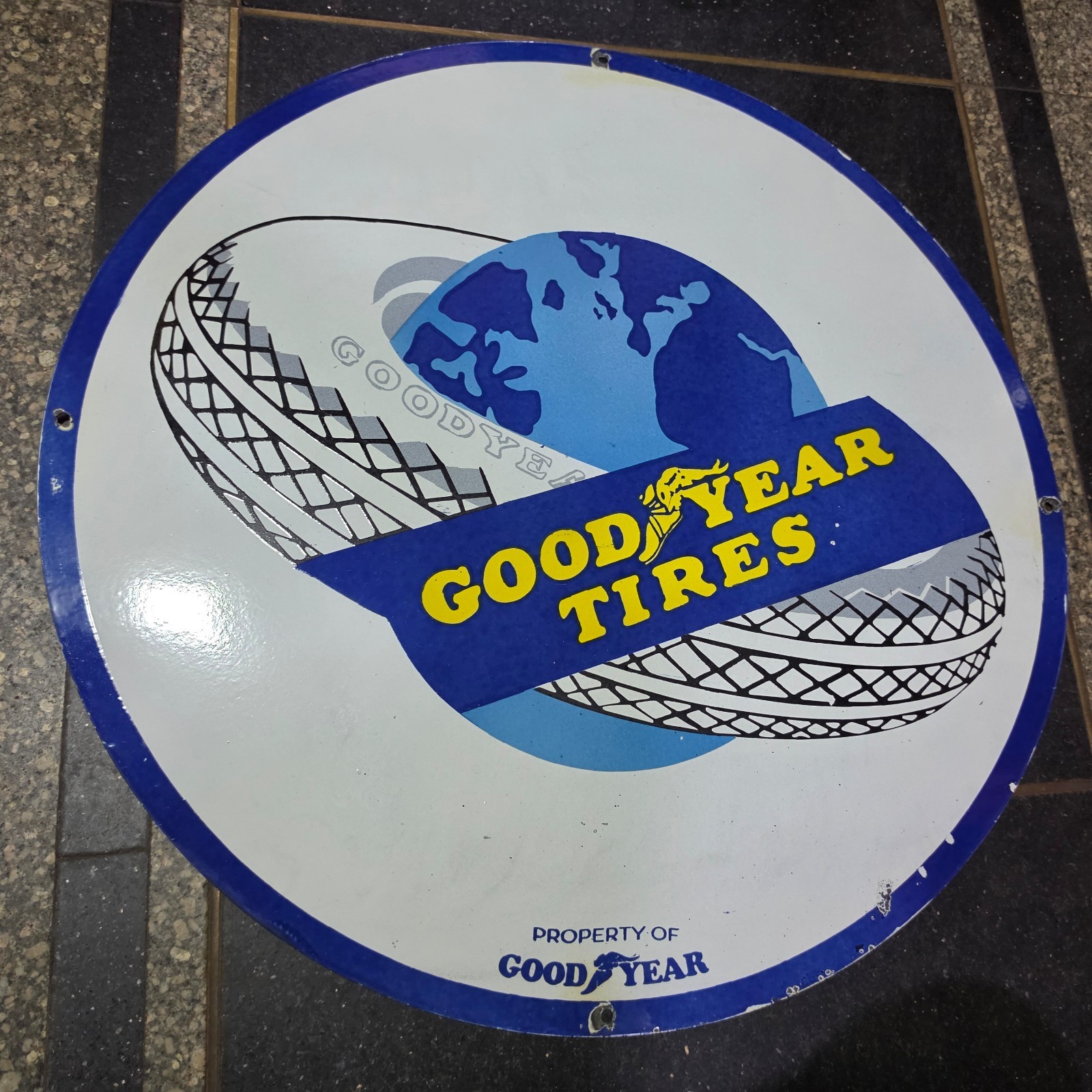 GOODYEAR TIRES PORCELAIN ENAMEL SIGN 29 X 29 INCHES