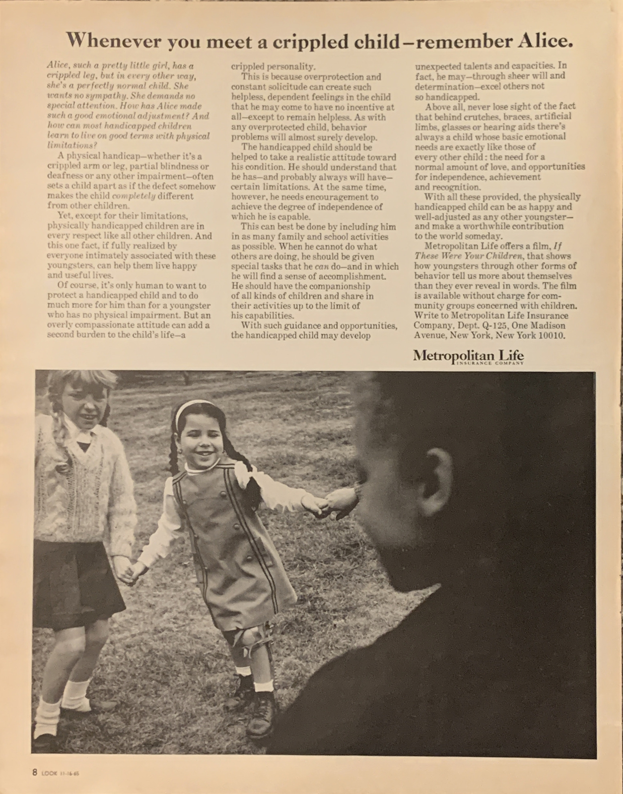 PRINT AD 1965 Metropolitan Life Insurance Met Life Crippled Child Remember Alice