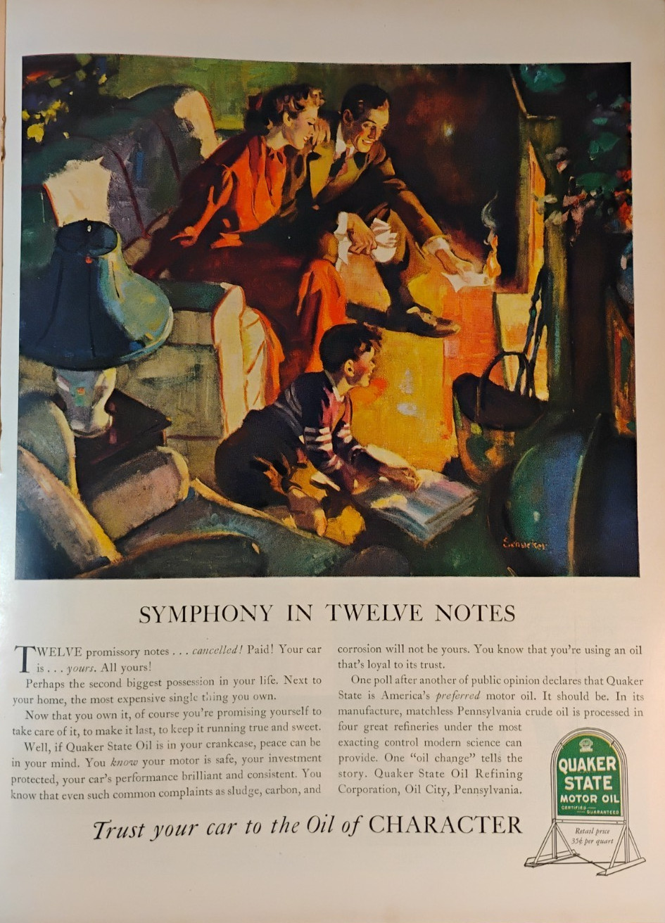 1940 QUAKER STATE PRINT AD ORIGINAL Unframed 10 1/2 x 14