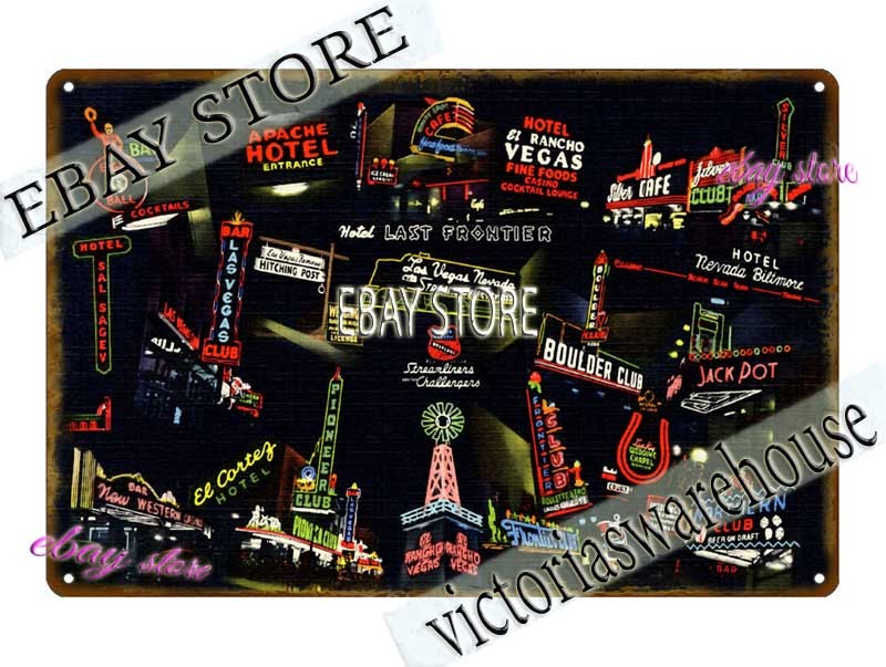 1943 Las Vegas Nevada Bright Lights Night Scene Tin Sign decor living room