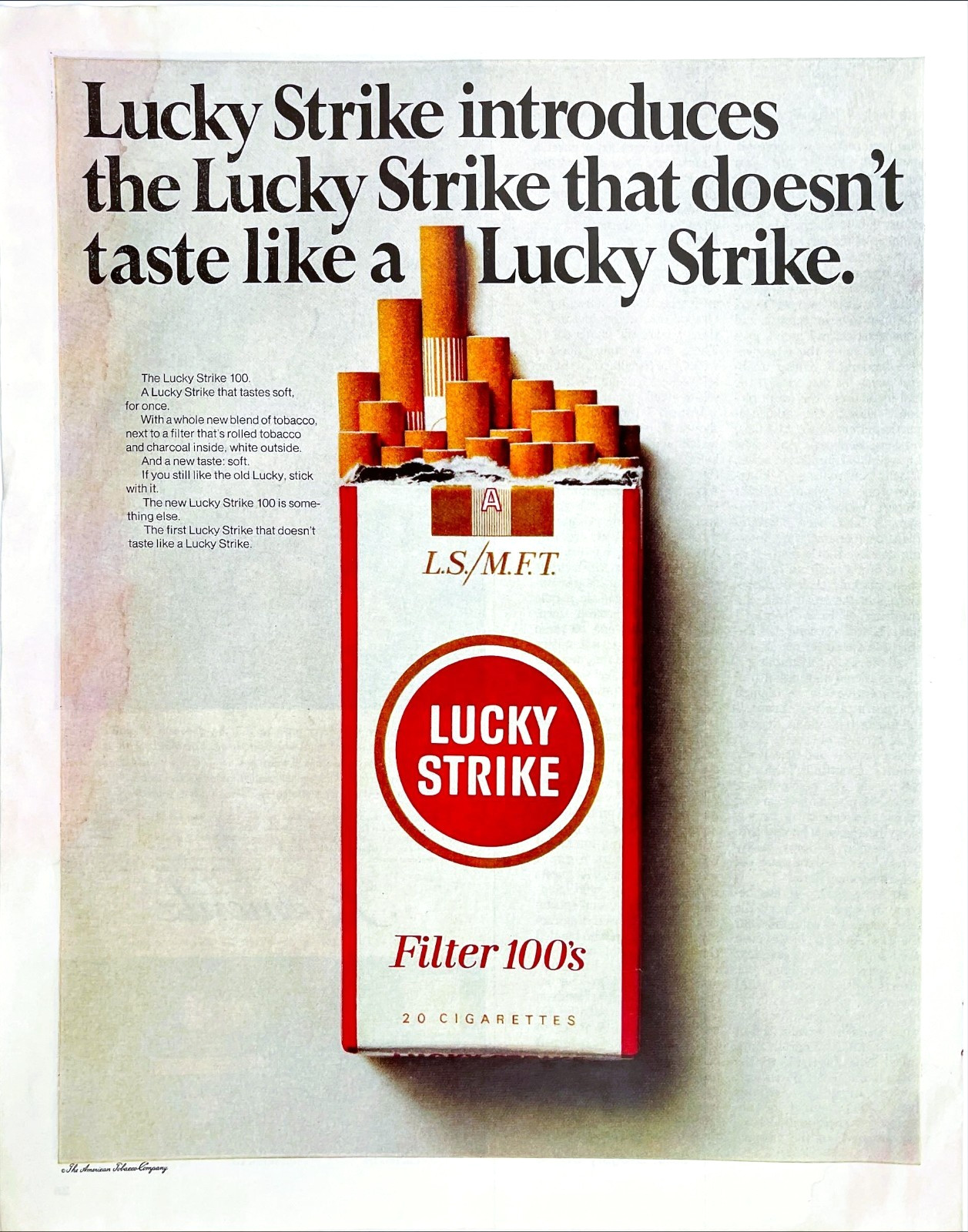 Lucky Strike Filter 100s Cigarettes Pack Soft Taste Tobacco Vintage Mag Print Ad